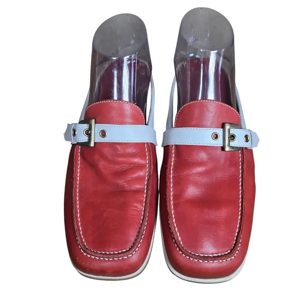 Adrienne Vittadini Mule Slide Slip On Leather Buckle 8.5 Orange White Preppy